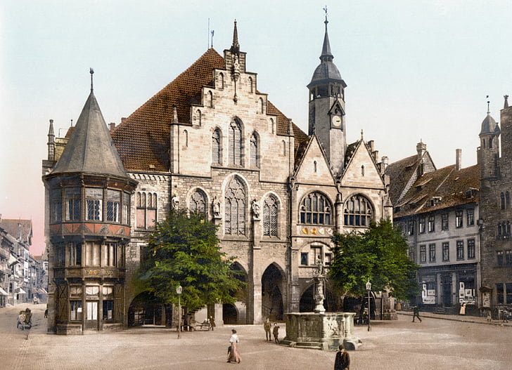 városháza, Hildesheim, Németország, 1900-ban, photochrom, Németország, város, építészet