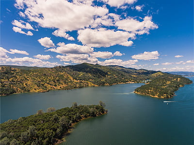 lake, drone, california, aerial, landscape, flight, sky