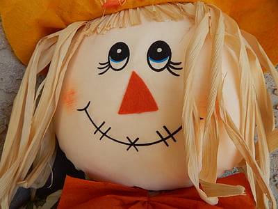 scarecrow, doll, face, head, closeup, straw, decoration