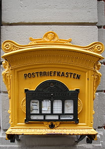 Post, postai levélszekrény, régi, sárga, postázás, betűk, postaláda