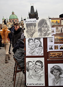 portrét, náčrt, chodník umelec, obrázok, karikatúra, turistov, obrázok