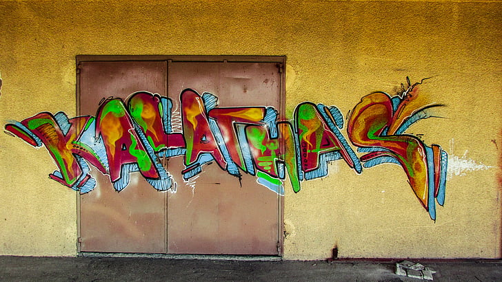 graffiti, kolorowe, drzwi, metaliczne, garaż, ściana, malowane