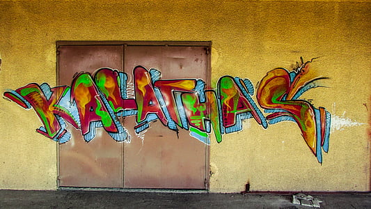 graffiti, kleurrijke, deur, metalen, garage, muur, geschilderd