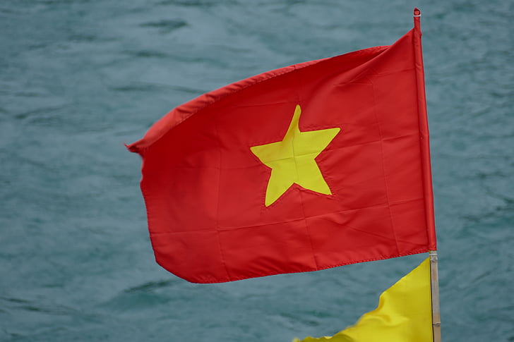 Vietnam, Halong, vlajka, flutter síní, rána, červená, hvězda