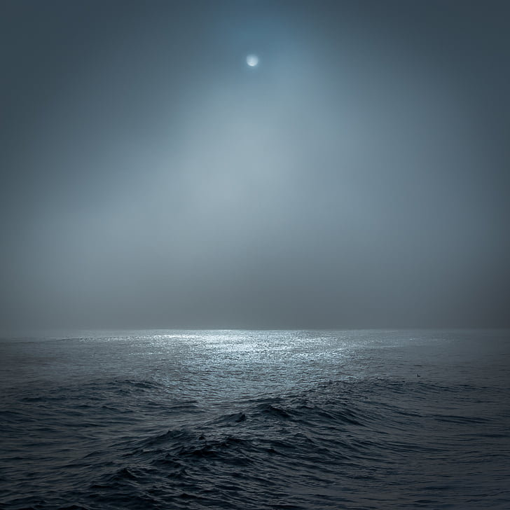 gray, sea, moonlight, moon, ocean, ocean sea, horizon over water