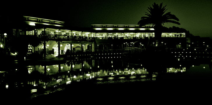 Hotel, Creta, árbol de Palma, reflexión, noche, piscina, complejo