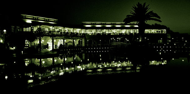 hotel, crete, palm tree, reflection, evening, pool, resort