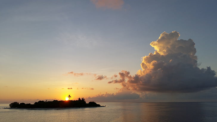 Otok, oblaci, nebo, more, Maldivi, odmor, zalazak sunca