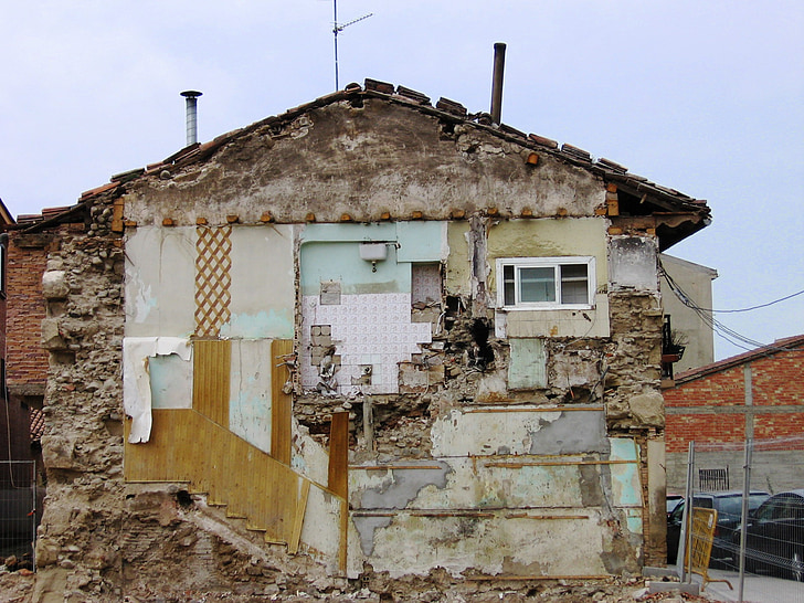 Máy đục phá, phá dỡ nhà, phân rã, bức tường, mảnh vỡ, hủy hoại, ngôi nhà