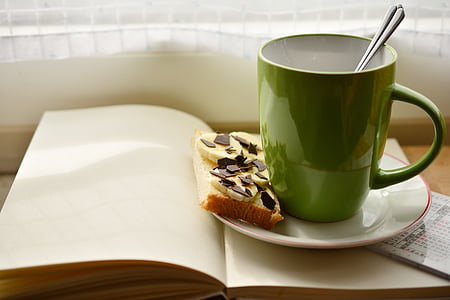 puodelis, knyga, pusryčiai, skaityti, planas, kavos puodelis, poilsis