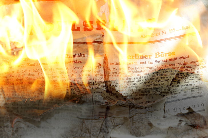 sanomalehti, päivittäinen sanomalehti, paperi, fontti, palo, polttaa, liekki