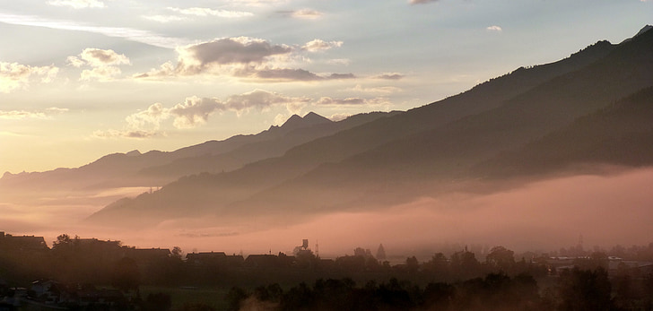 morgenstimmung, fog, autumn, mountains, haze, alpine, village