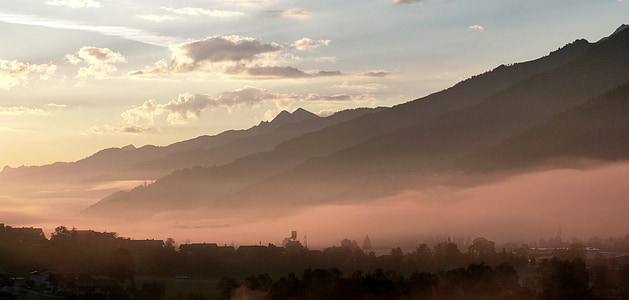 morgenstimmung, dimma, hösten, bergen, Haze, Alpin, byn