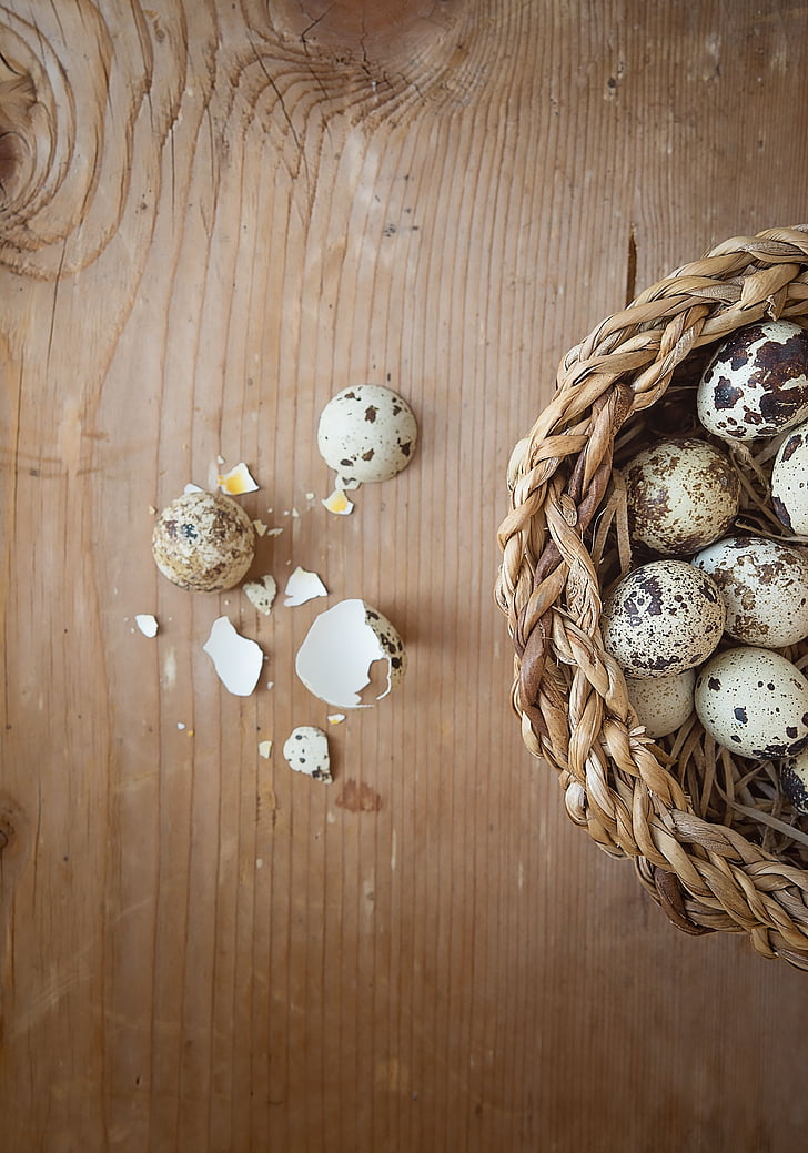 egg, quail eggs, broken, wood, natural product, basket, close