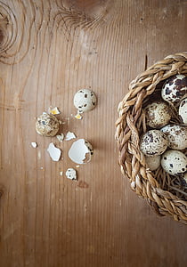 ovo, ovos de codorna, quebrado, madeira, produto natural, cesta, fechar
