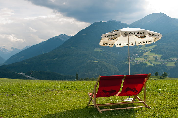 chaise longue, Autriche, double chaise longue, rouge, parasol, Meadow, montagnes