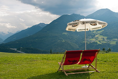шезлонг, Австрия, двойной лежак, красный, зонт, Луг, горы