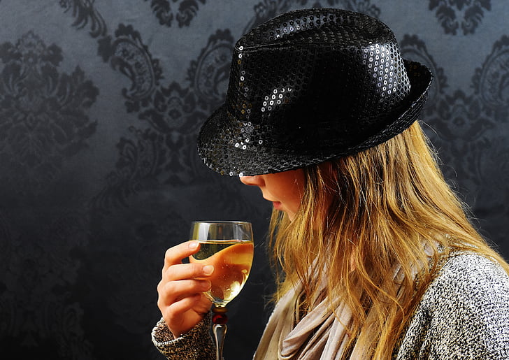 moteris, kepurė, šampanas, vynas, gėrimas, paslaptingas, mados