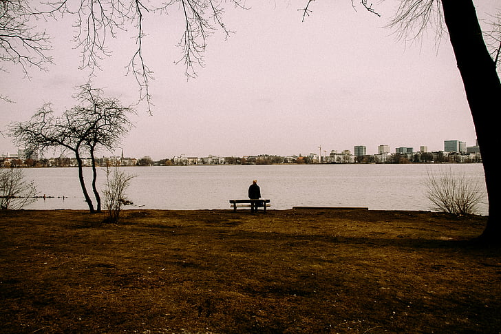 man, black, jacket, standing, beside, bench, near