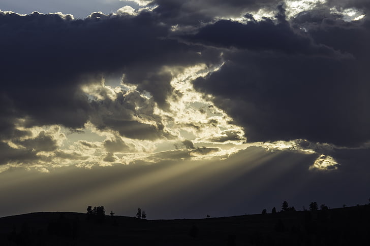 sunset, landscape, scenic, clouds, crepuscular rays, silhouettes, nature