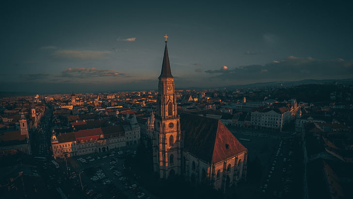 aerial, view, city, sunrise, dawn, cityscape, dusk