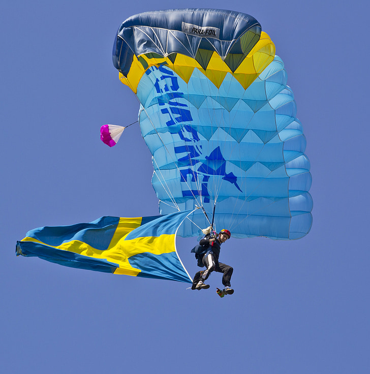 parachute, flag, swedish flag, sweden, skydivers, himmel, air force