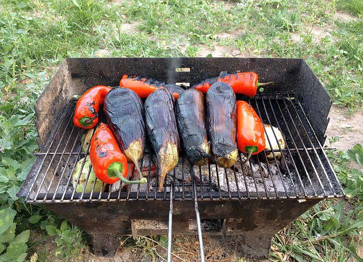 barbecue, pepper, eggplant, embers, nature, peace