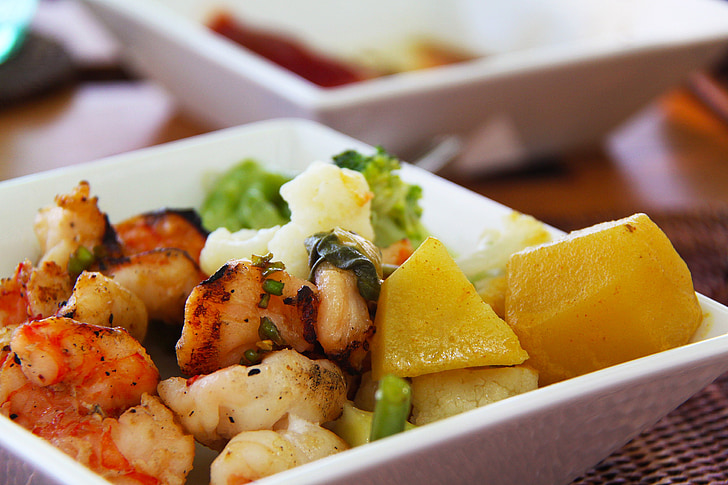 krevety, zemiaky, zelenina, jedlo, šaláty, chutné, Maledivy