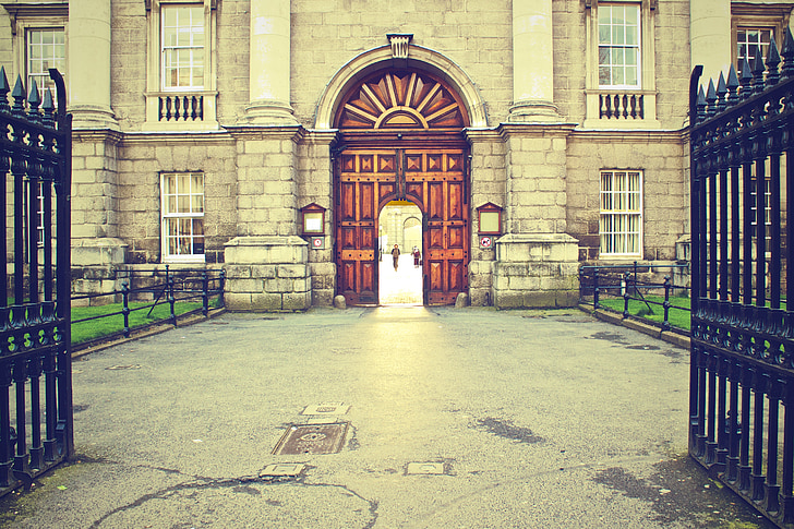 Trinitijas koledža, Dublina, Īrija, ēka, vēsturisko, vārti, ieraksts