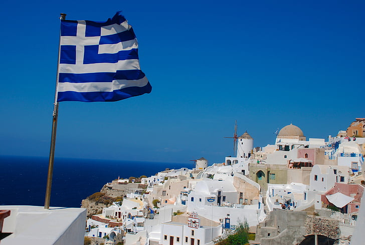 Santorini, Görögország, zászló, görög, sziget, utazás, Európa