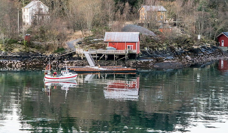 Noruega, linha de costa, água, reflexão, casa vermelha, Escandinávia, paisagem