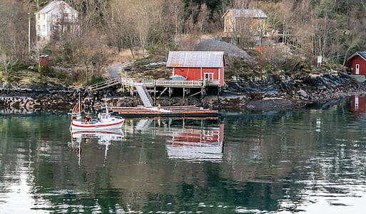 Noruega, linha de costa, água, reflexão, casa vermelha, Escandinávia, paisagem