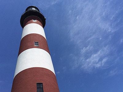 lighthouse, chincoteague, assateague, white, striped, scenic, beacon