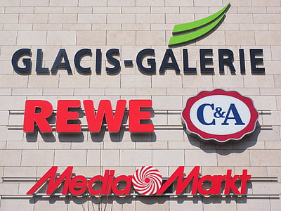 advertising, advertising signs, advertisement, rewe, c a, media markt, glacis gallery
