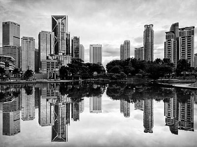 architecture, black-and-white, buildings, city, cityscape, downtown, lake