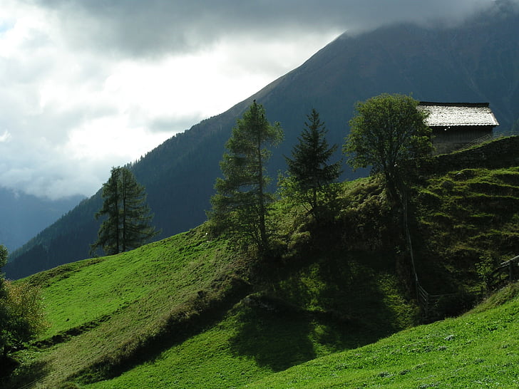 Suiza, Prado de montaña, Alpine, Alm, Refugio de montaña, nubes