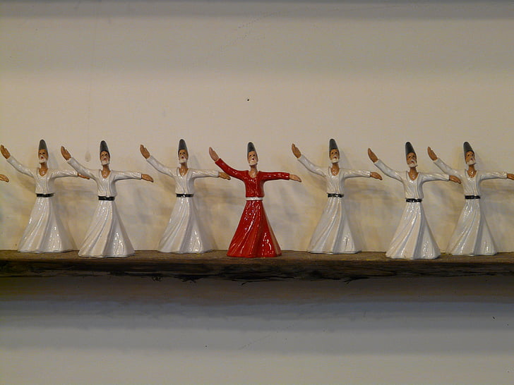 dervixos, figures, ceràmica, decoració, dansa, vermell, blanc