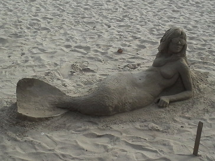 sirène, sable, sculpture, plage, femme, été, Californie