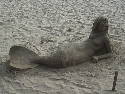 mermaid, sand, sculpture, beach, woman, summer, california