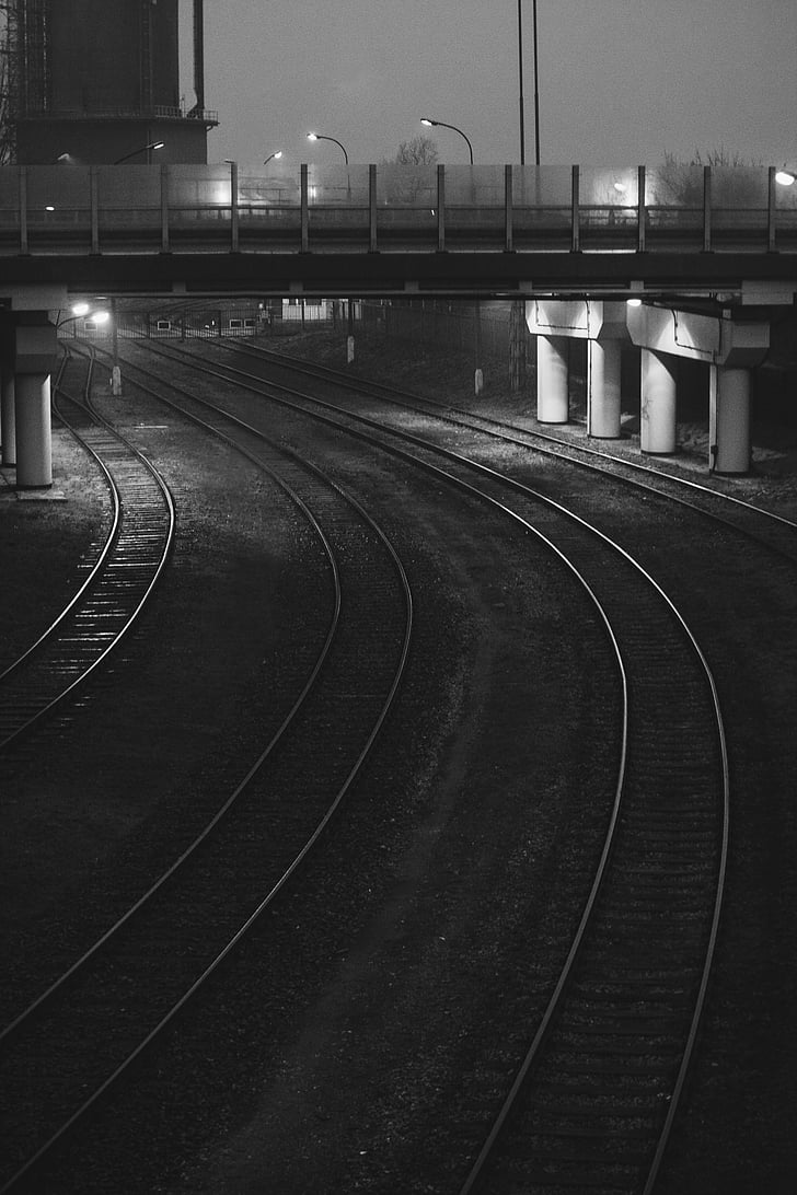 black-and-white, night, railroad, rails, railways, tracks, royalty  images