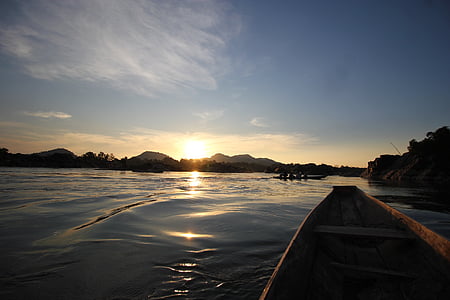 solnedgang, vann, båt, Laos, 4000 øyer, Asia, Mekong