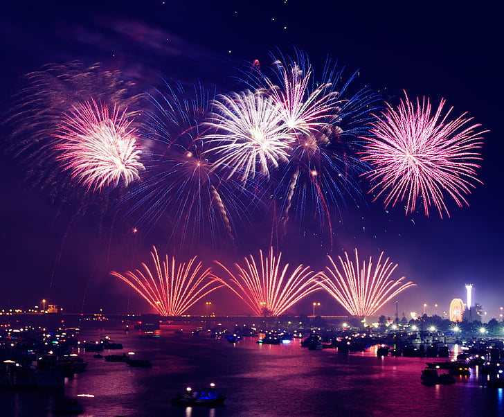 fireworks, lights, show, celebration, purple, night, dark