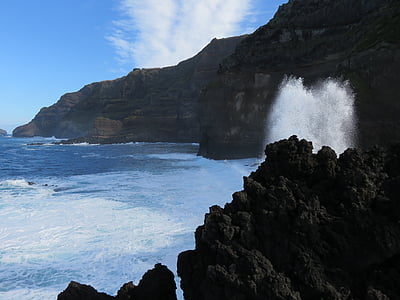 wave, spray, motion, volcanic, rock, cliffs, sea