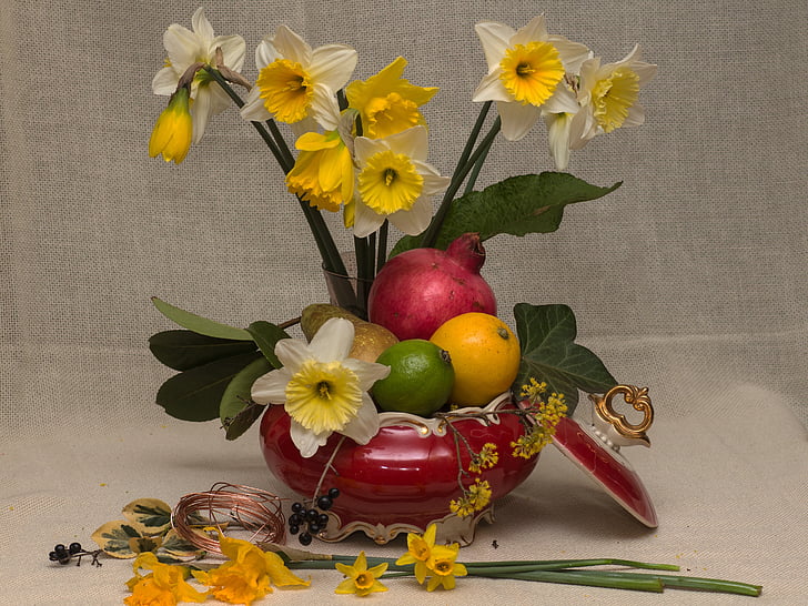 still life, fruits, flowers, tropical fruits, daffodils, spring, colorful