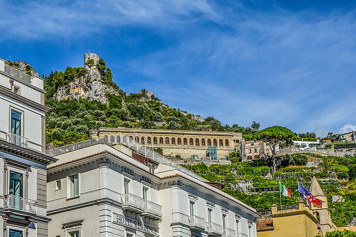 fort, tornet, Mountain, Taormina, Sicilien, Italien, resor