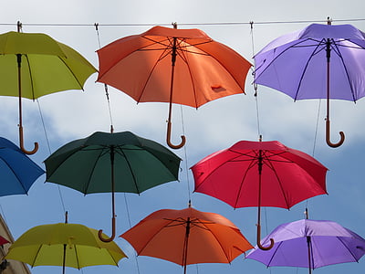 umbrellas, sky, colourful, colorful, colour, color, parasol