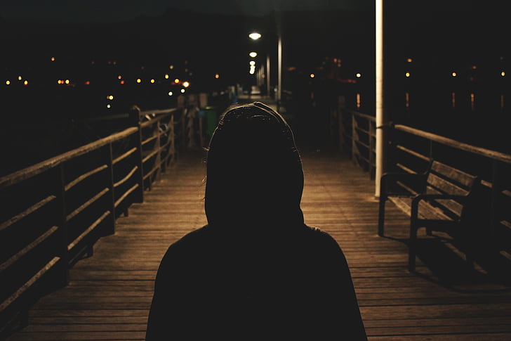 person, hooded, jacket, silhouette, silhouettes, rear view, night