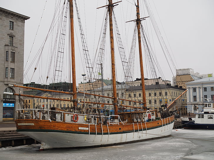Helsinki, barca cu panze, gheata, debarcader, navă marine, velier, port