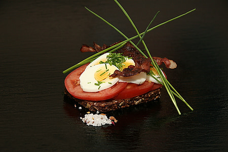 open-faced sandwiches, rye bread, eggs, dining, taste, food, chives