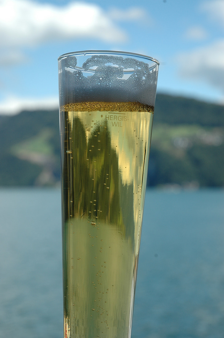 beer, glass, lake, refreshment, mirroring, summer